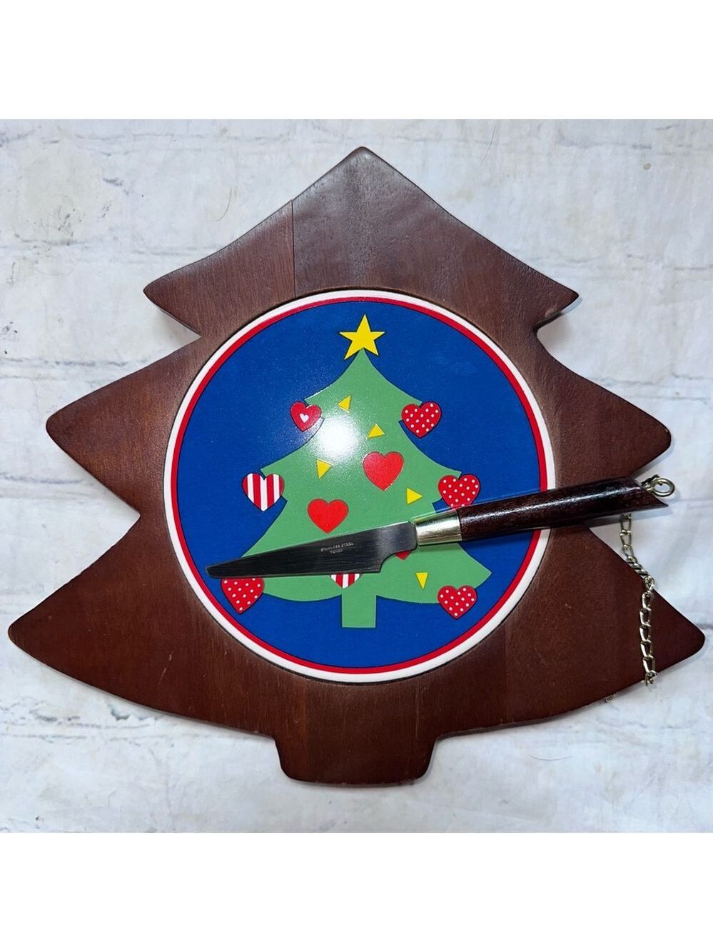 Vintage Wooden/Tile Cheese Board W/Knife Christmas Tree Shape Design Taiwan